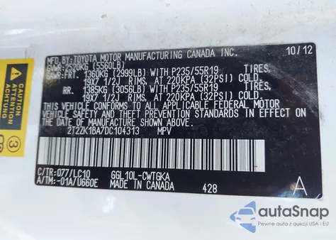 2013 Lexus Rx 350 z USA, uszkodzony, nr VIN 2T2ZK1BA7DC104313